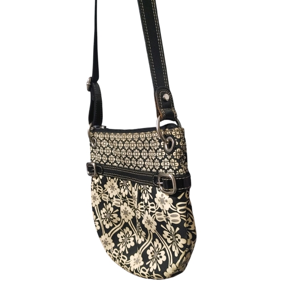 Fossil Black Beige Boho Graphic Canvas Leather Crossbody Bag Handbag Purse - Picture 6 of 10